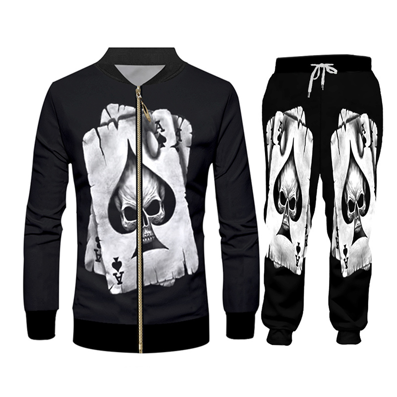 CJLM Men 2 Piece Set Black Cool Print Skull Poker 3D Vest Hombre Suit Tracksuit Jogger Punk Style Zipper Jacket Set Hoodies 5XL 201210