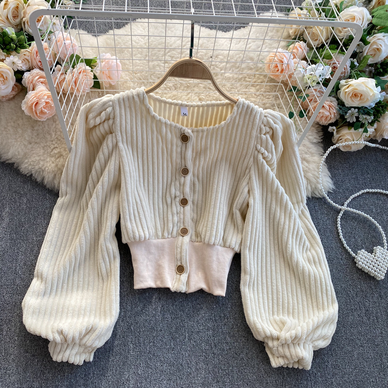 Autumn Winter Women Corduroy Blouse Vintage Round Neck Single Breasted Long Puff Sleeve Short Shirt Female Fashion Tops New 210225