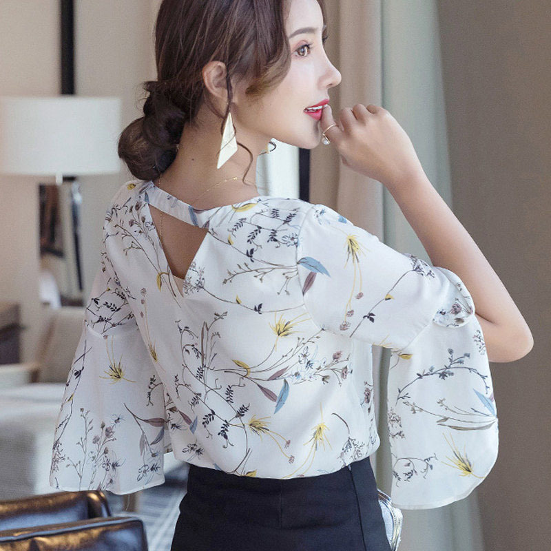 RibbonFish Women Summer Style Flower Printed Blouses Shirts Lady Casual Short Flare Sleeve Bow Tie V-Neck Blusas DD1504 210225