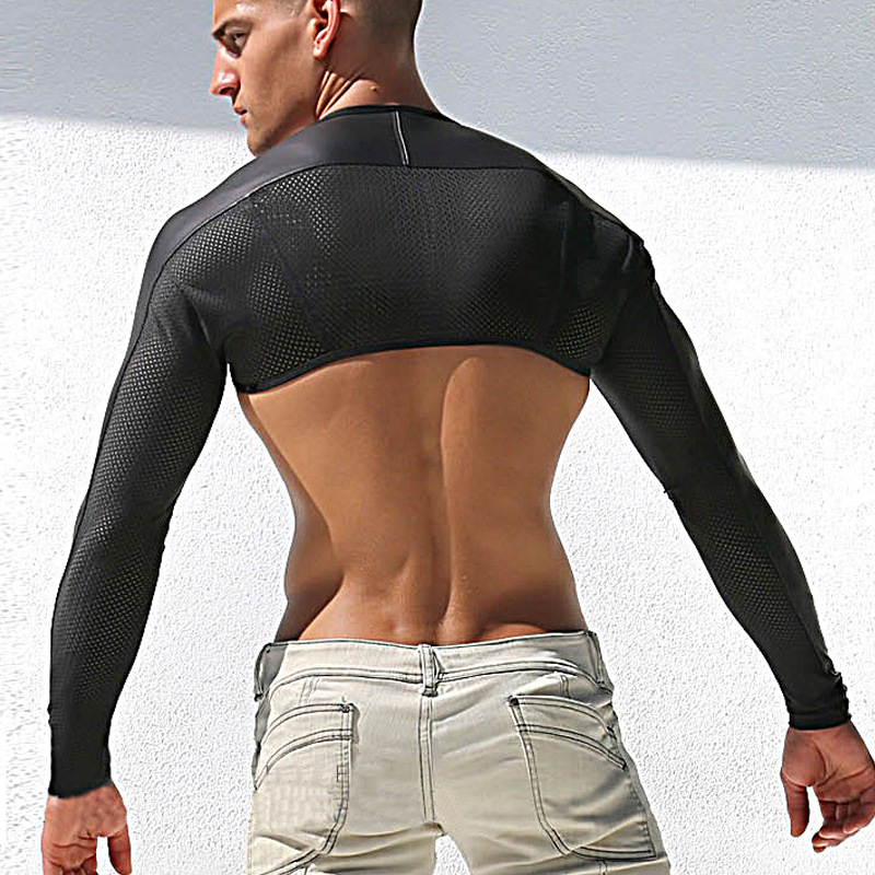 Men Sexy leather Tank Tops breathable mesh vest man shirt sleeves tight protection sleeve catwalk stage sexy undershirt 210308