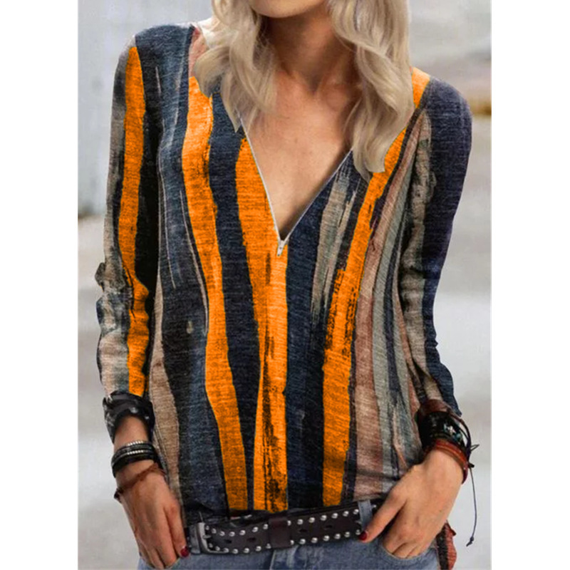 Vintage Stripe Print Zipper V Neck T Shirts Women Casual Loose Long Sleeve Pullovers Tops Autumn Streetwear Trendy Tee 210302