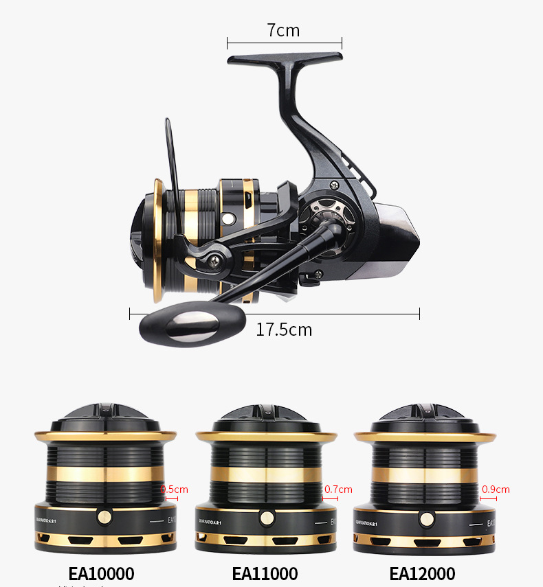 Long Throw Fishing Reel EA 1000012000 Series 121 Gapless High Capacity Metal Coil Spinning reel Boat Rock Lure Wheel