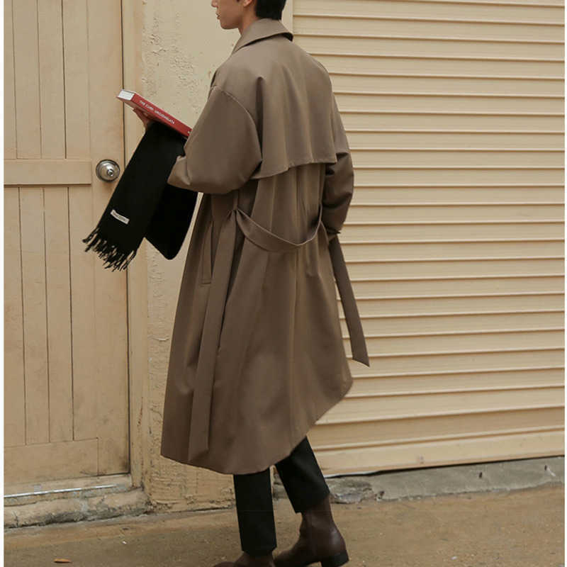 IEFB Autumn Korean Fashion Double Breasted Windbreaker Men's Middle Long Loose Handsome Trench Coat Belt 9Y5262 210819