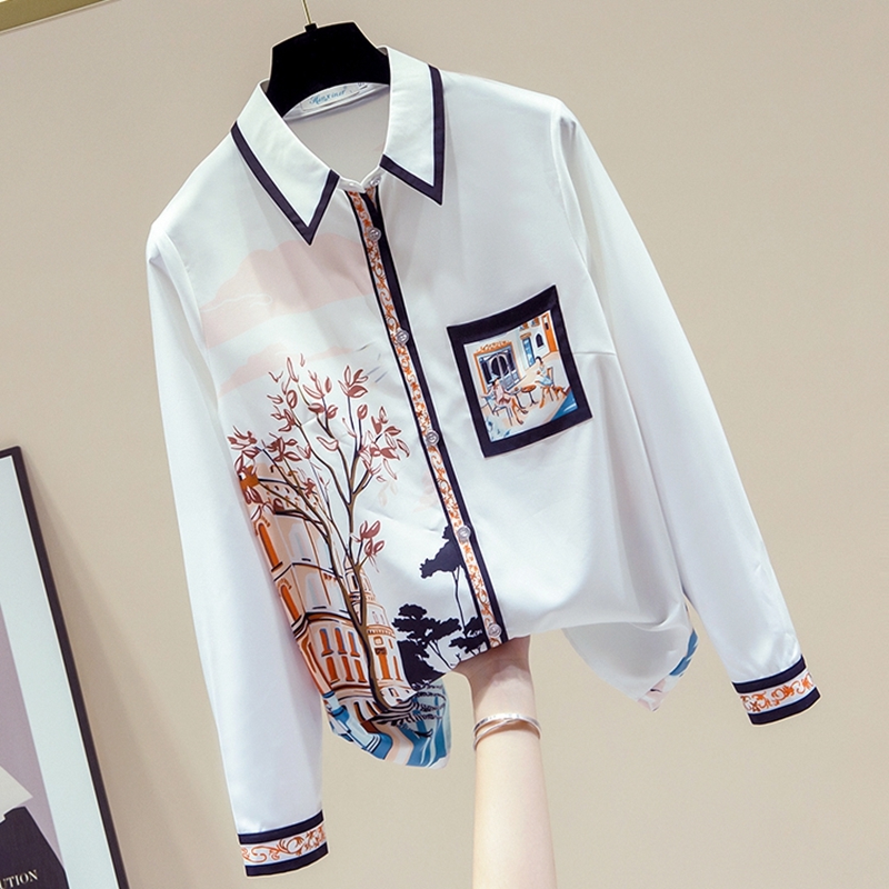 Women FallNew Fashion Shirt Printed Shirt Female Top Turn-Down Collar Niche Korean Style Loose Chiffon Blouse GX1440 210225