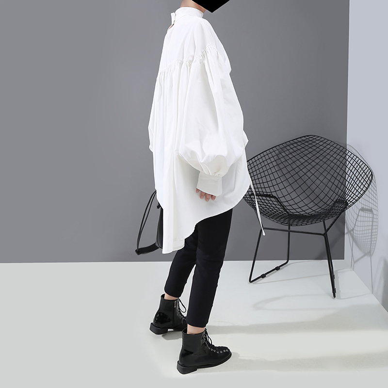 Lantern Sleeve Woman Casual Style Tops Black White Hipster Blouse Oversized Draped Lady Tunic Feminine Shirt chemise femme 5887 210225
