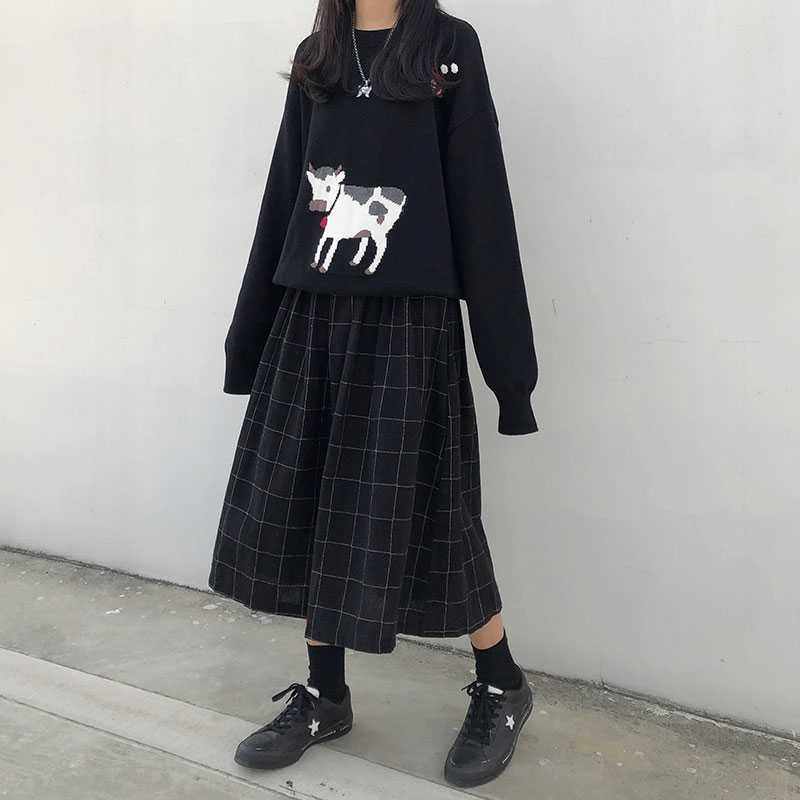 2 colors japanese style high elastic waist Long Skirts Woman autumn winter plaid A-line pleated womens (X1078) 210619