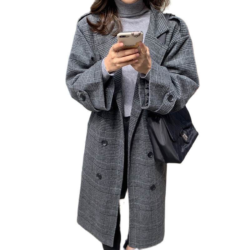 High Quality Winter Wool Blends Coat Belt Female Long Houndstooth Over The Knee Woolen Overcoat paszcz damski manteau femme 210218