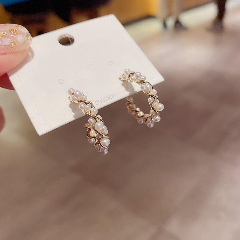 Exquisite Handmade Simulated Pearl Hoop Earrings Opening Design Gold Color Fancy Women Jewelry