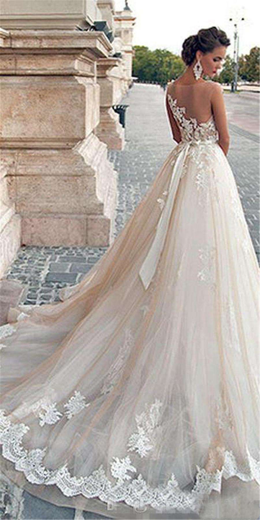 Sexy Lace A-Line Wedding Dresses 2021 Sheer Back Light Champagne Illusion Country Beach Wedding Dress Bridal Gowns Custom Made Vestidos