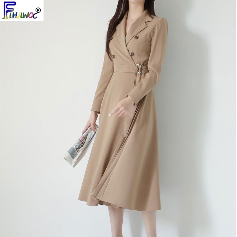 Spring Fashion Black Dresses Women Long Sleeve Korea Style Temperament Lady Double Button Blazer Dress Long 12920 201008