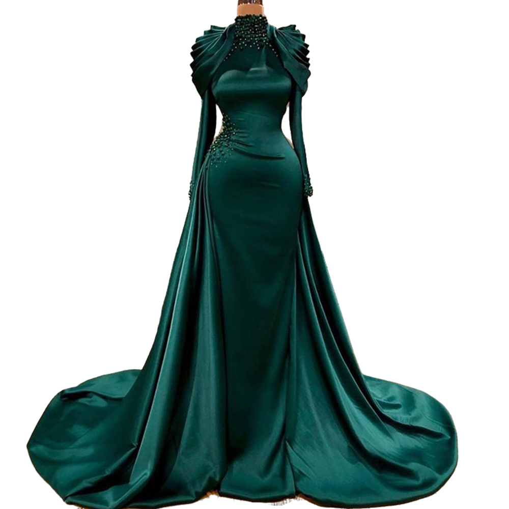 Elegant Arabic Dubai Mermaid Formal Evening Dresses With Overskirt Beaded Peplum Long Sleeves High Neck Muslim Celebrity Party Gowns Prom Dress 2022