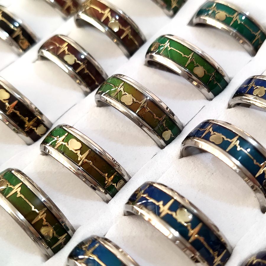 20pcs ECG Mood Ring Mens Electrocardiogram Color Change Stainless Steel Wedding Rings Fashion Womens Ring Male Unique Jewelry Gift Favor