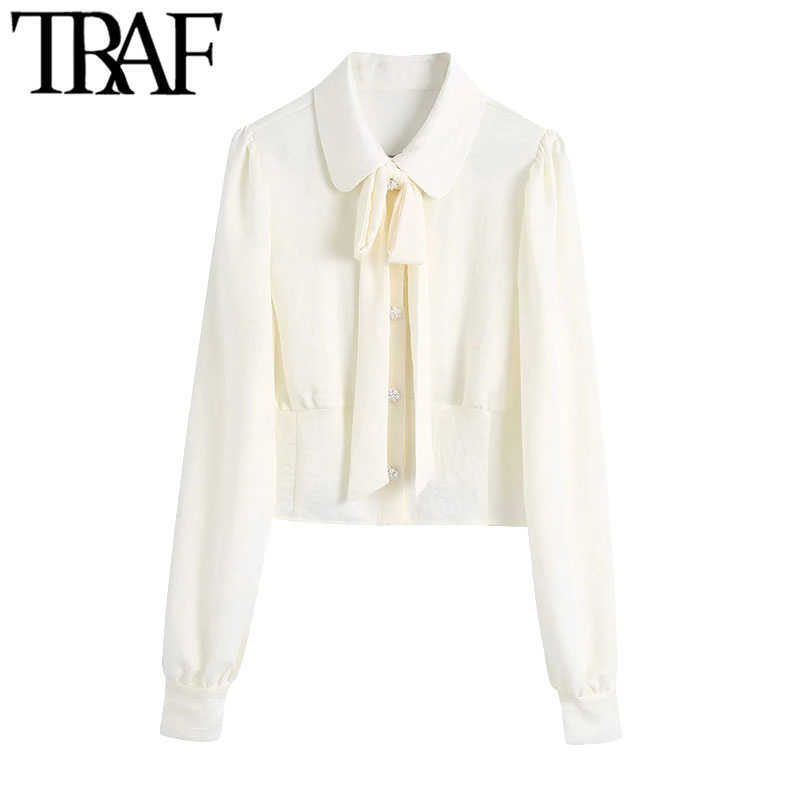 TRAF Women Fashion With Bow Cropped Blouses Vintage Lantern Sleeve Bejewelled Buttons Female Shirts Chic Tops 210721, As picture 
TRAF Women Fashion With Bow Cropped Blouses Vintage Lantern Sleeve Bejewelled Buttons Female Shirts Chic Tops 210721, As picture