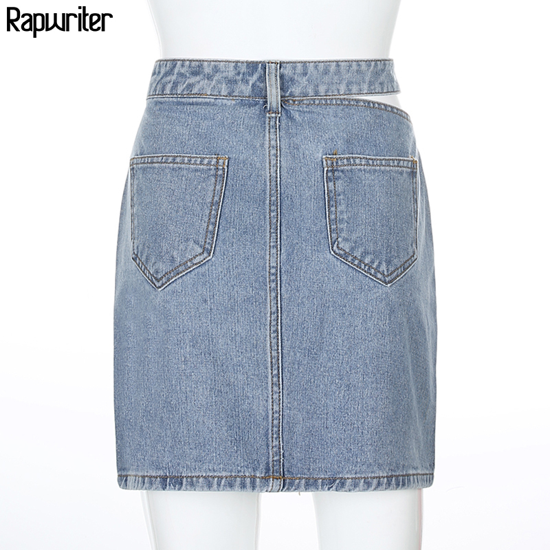 Rapwriter Hollow Out Sexy High-Waisted Skirts Women Slim Harajuku Vintage Denim Skirt Pocket Streetwear Pencil Skirts Mini Saias 210306