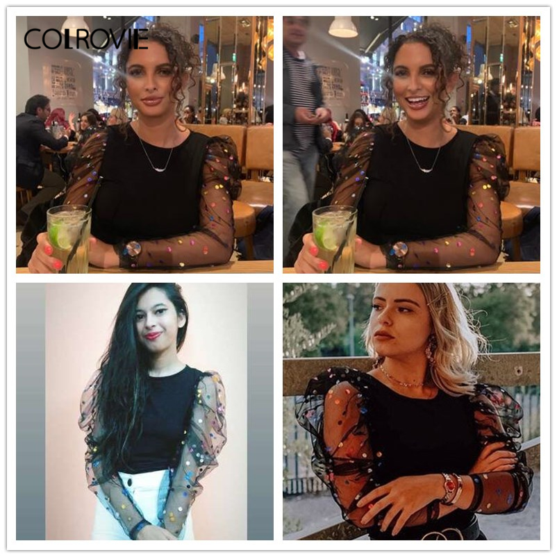 COLROVIE Black Dot Mesh Gigot Sleeve Skinny Tee Women Casual Ladies Tees Fall Streetwear Slim Fit Glamorous Pullover Tops T200512
