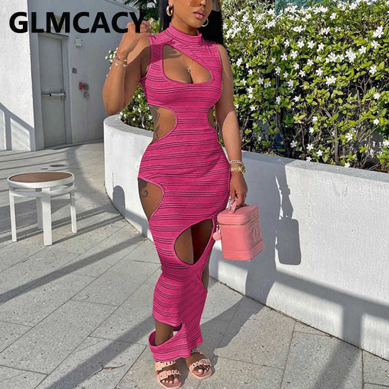 Sleeveless Striped Cut Out Slim Maxi Dress 210702
