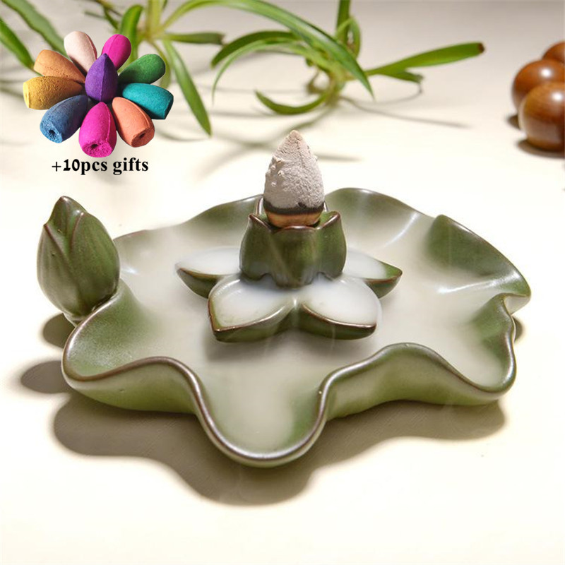 Ceramic Lotus Plate Backflow Incense Burner Incense Stick Holder Waterfall Censer Home Buddhist Meditation Decor + 10pcs Cones от DHgate WW