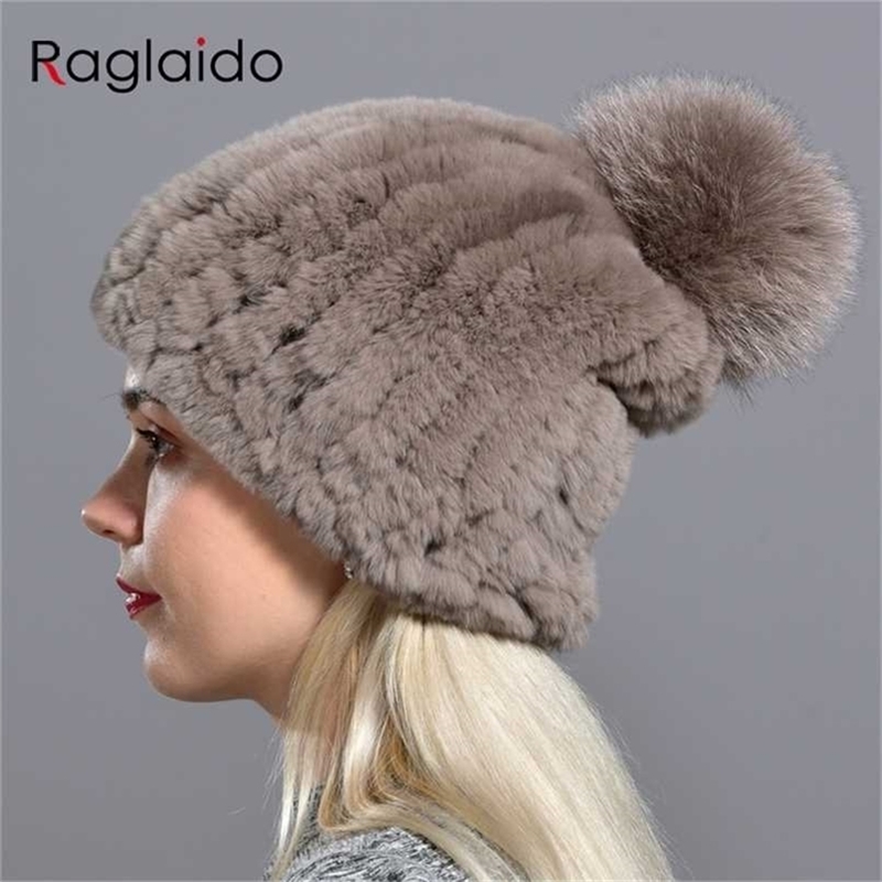 Raglaido Knitted Pompom Hats for Women Beanies Solid Elastic Rex Rabbit Fur Caps Winter Hat Skullies Fashion Accessories LQ11219 211227, Iced coffee