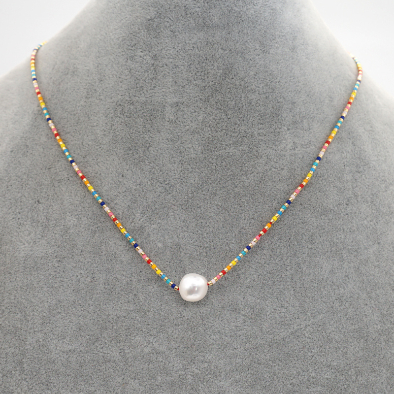 Colorful Design Glass Beaded Pearl Charm Necklace Bohemian Style Women Jewelry