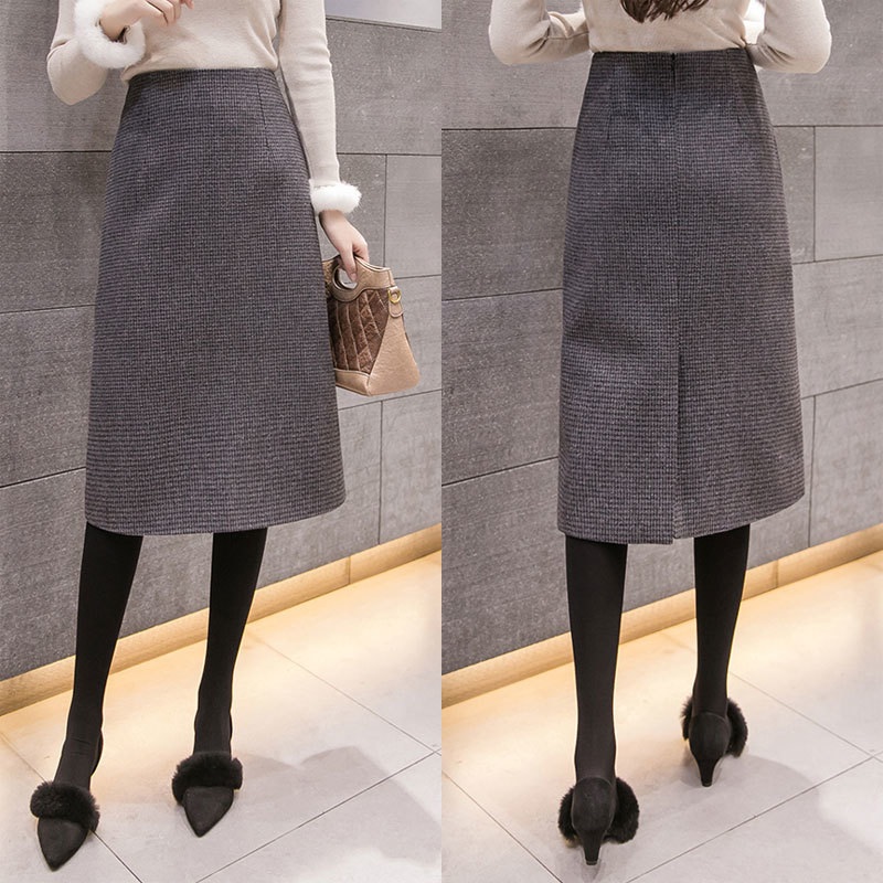 Casual Fall Winter Warm Wool Skirt High Waist Elegant Pencil Midi Skirt Slim Knee Length Split Work Skirt Plus Size 7816 50 210311
