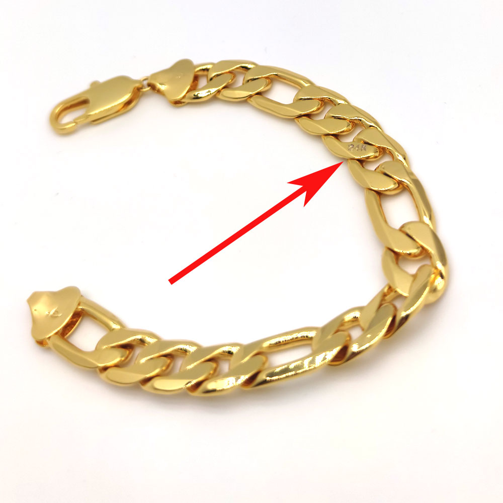 Men's Italian Figaro Link Hip Hop Bracelet 8.46" 12mm Thick Real 24K Stamp Fine Solid Gold Filled Wrist Chain