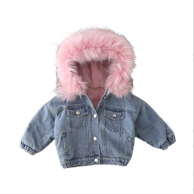Autumn Winter Girls Thicken Coats Children Denim Hooded Coat Kids Fur Collar Cotton Jacket Baby Girl Outwear
