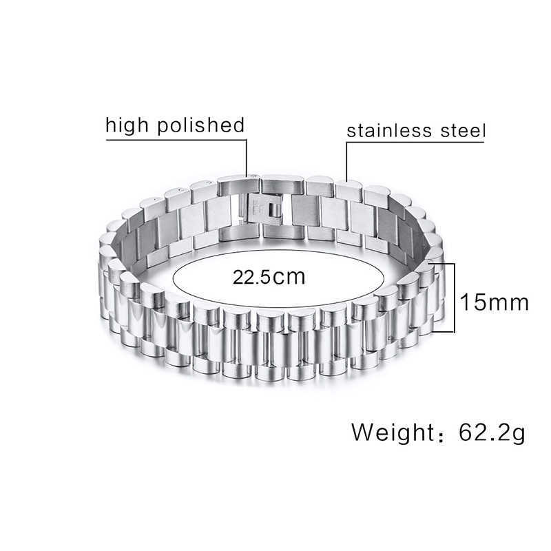Gent's President Bracelet Stainless Steel Watch Band Bracelet for Men Watchlink Bracelets Jewelry Golden 15MM Wide 8.8 Inches 210609