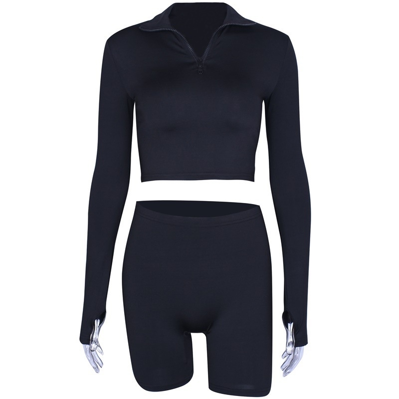 Black Long Sleeve Top Short Pant Leisure Suit Women Summer Two Piece Set Outdoor Track Suit Turndown Collar Sport Suit T200610