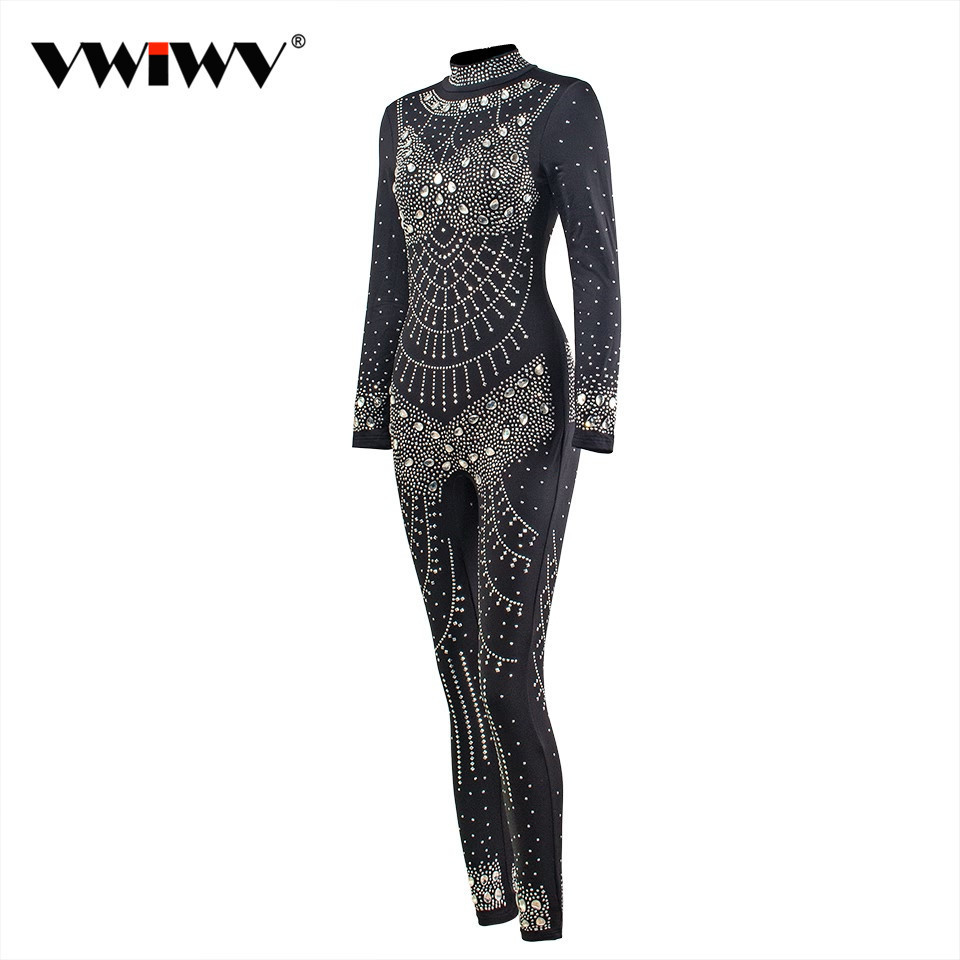 VWIWV Women Mock Neck Jumpsuit Sequin Rhinestone Diamonds Jumpsuits Long Sleeve Skinny Bodysuits Clubwear Party One Piece Romper Y200904