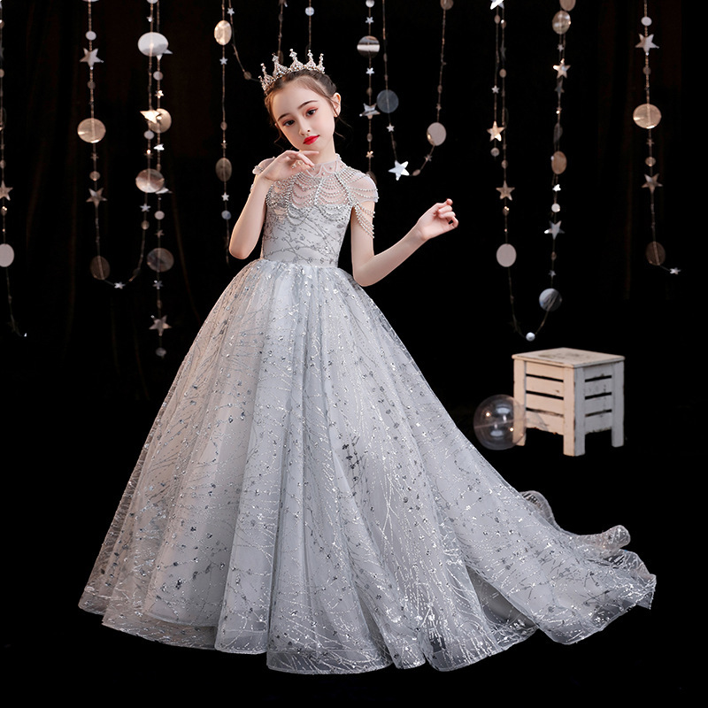 Sliver Vintage Flower Girls' Dresses Ivory Baby Infant Toddler Baptism Clothes with High Neck Long Lace Tutu Ball Gowns Birthday Party Dress