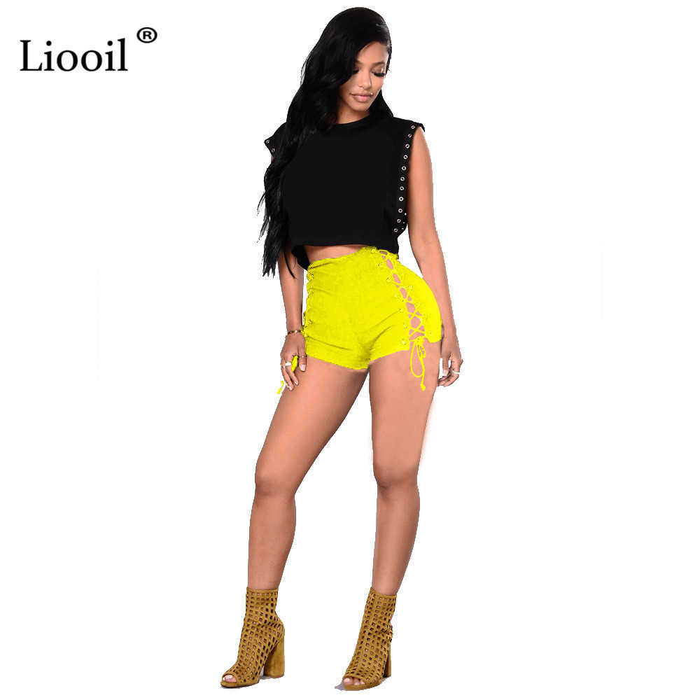 Liooil Sexy Bandage Jeans Shorts Women Rave Clothes Streetwear Hollow Out High Waist Jean Short Black Bodycon Denim Shorts 210611