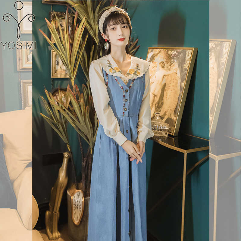 YOSIMI Autumn Winter Floral Embroidery Full Sleeve Beige Blouse Shirt Top and Denim Strap Dress Two-piece Outfits Mid-calf 210604
YOSIMI Autumn Winter Floral Embroidery Full Sleeve Beige Blouse Shirt Top and Denim Strap Dress Two-piece Outfits Mid-calf 210604