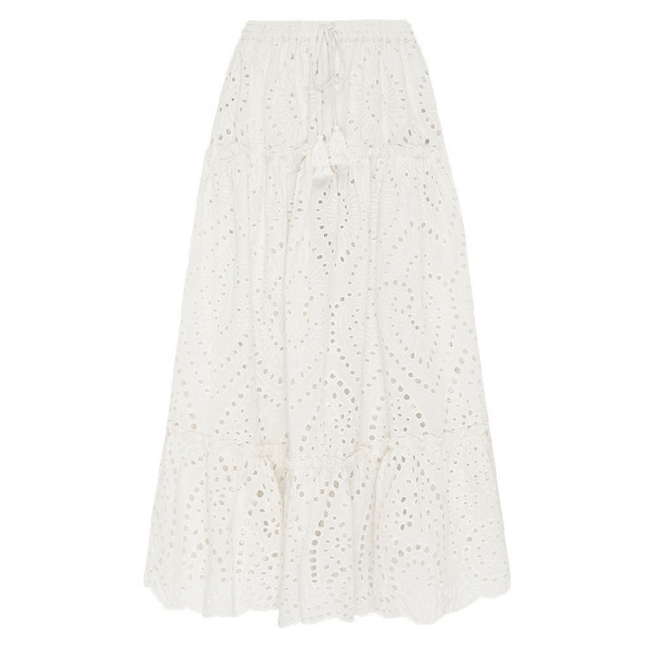 Maxi Lace Skirt Women 100% Cotton Casual Tassel Laceup Waist Elastic Hollow Out Long Skirts Summer Beach Holiday Skirt 210306
