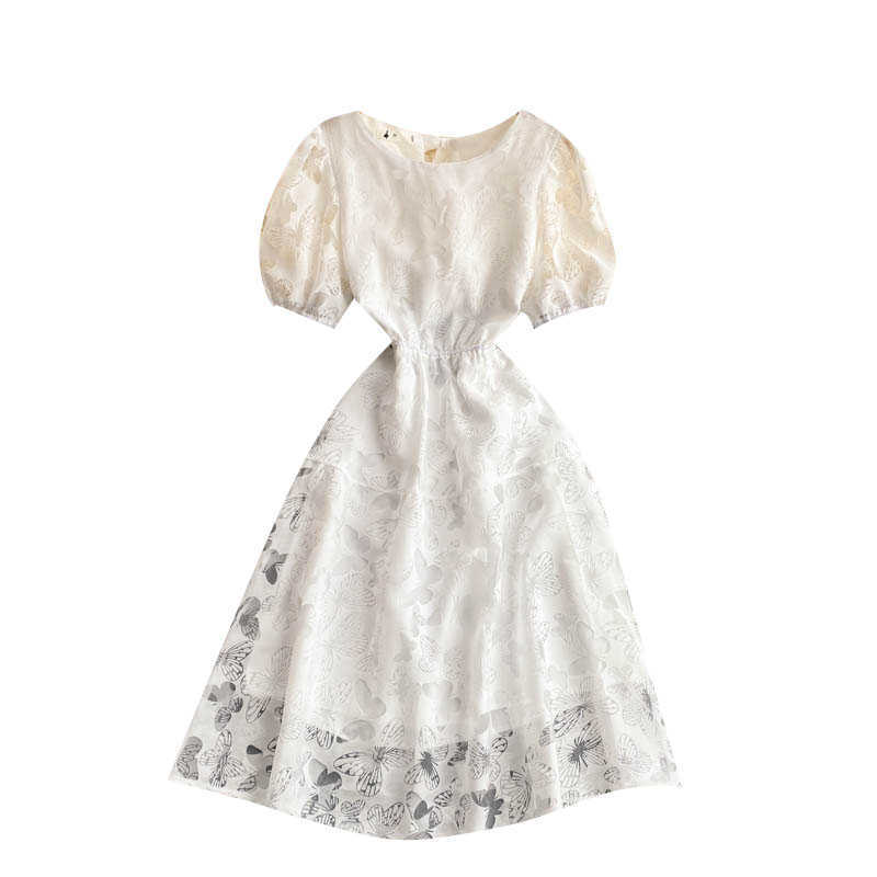 Court Women's Summer Fashion Round Neck Hollow Back High Waist Thin Short Sleeve Princess White A-line Dress Vestidos S661 210527