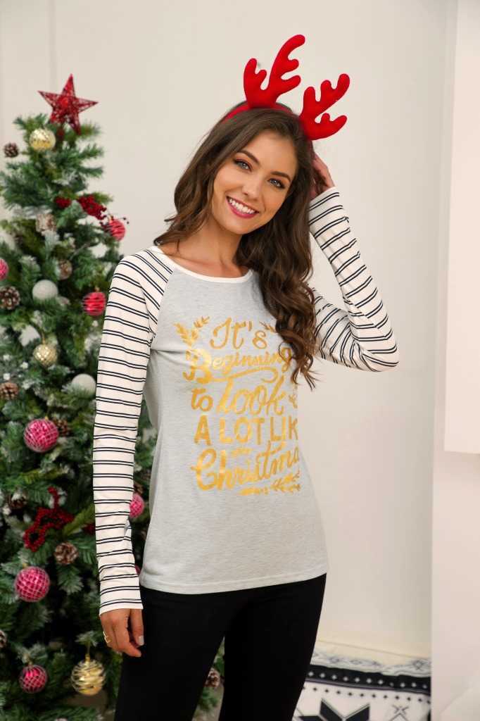 Casual Letter Printed T-shirts Women Christmas Tees Autumn Female O Neck Long Sleeve Stripe Patchwork Slim T-Shirt Tops 210526