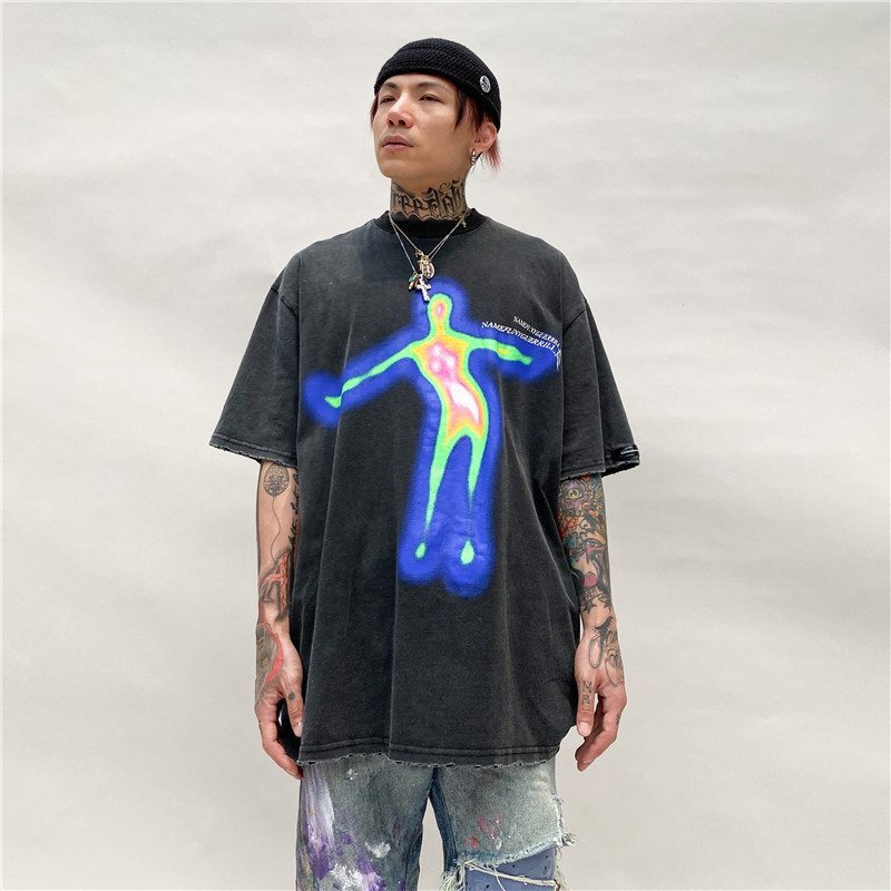 UNCLEDONJM Distorted Portrait Printing Short-Sleeved T-shirt Hip-Hop Summer streetwear oversized retro men t shirt NF-NB107 210225