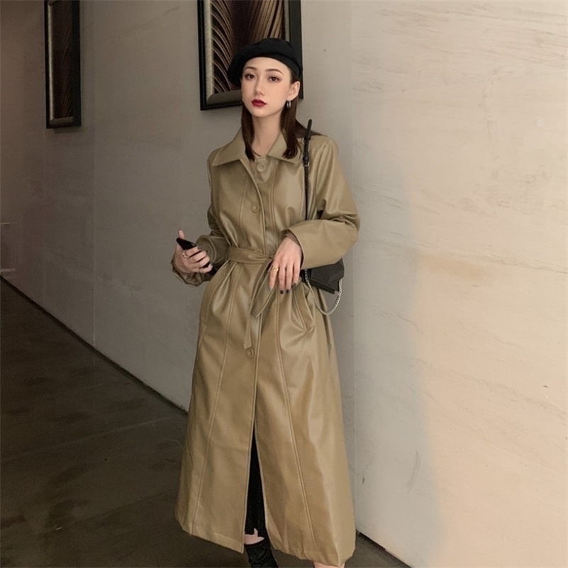 GOOHOJIO Cool PU Leather Long Jacket Fashion Women Jacket Loose Belt PU Leather Windbreaker Trench Women Coat Slim Autumn 201020