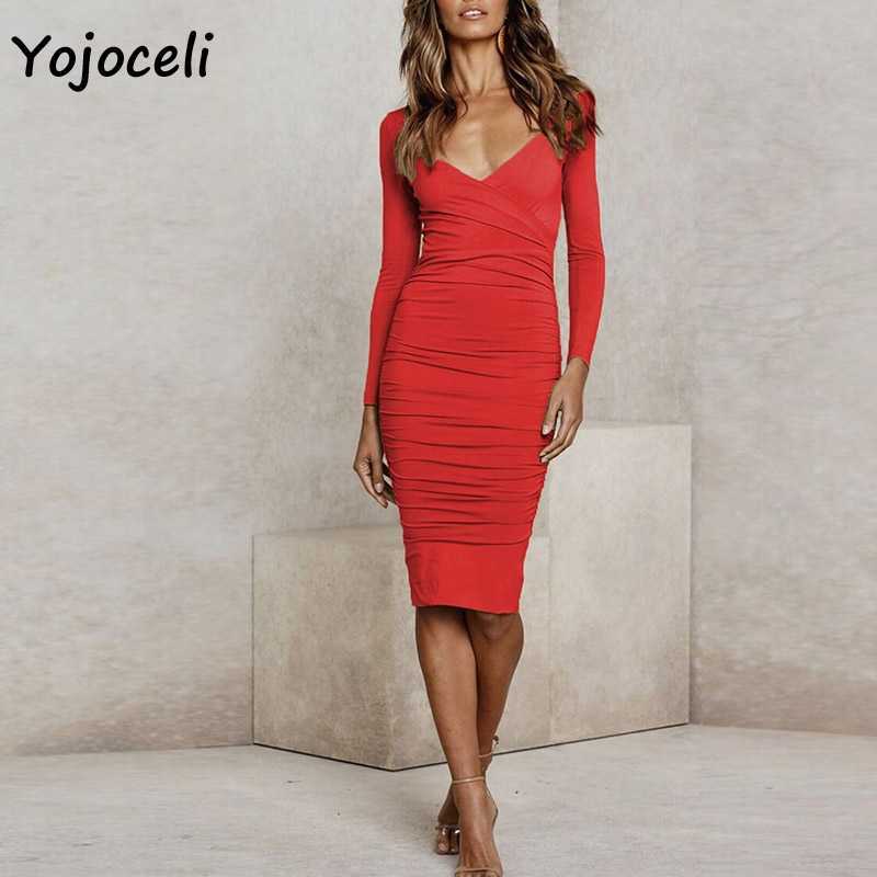 Yojoceli sexy v neck wrap bodycon dres party club pencil long sleeve winter day 210609