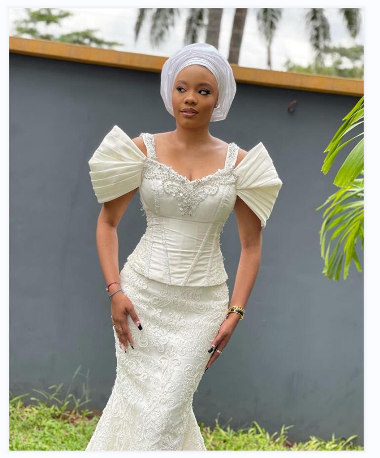 2 Pieces Aso Ebi Arabic Mermaid Evening Dresses Lace Appliques Beads Party Gowns Short Sleeves Women Prom Dress Middle East Floor Length Robe De Sorie