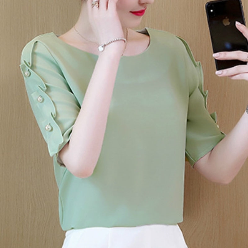 Fashion women shirt Chiffon Tops beaded Short Sleeve shirt women green and white shirt ladies tops women clothes 0744 30