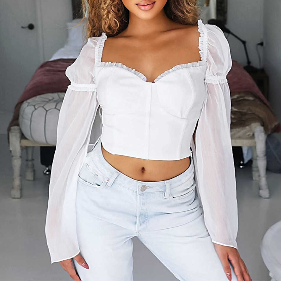 Sexy V-Neck Hollow Short White Black Trumpet Sleeves Ladies Elegant Backless Tight Shirt Fashion Bandage Top 210527