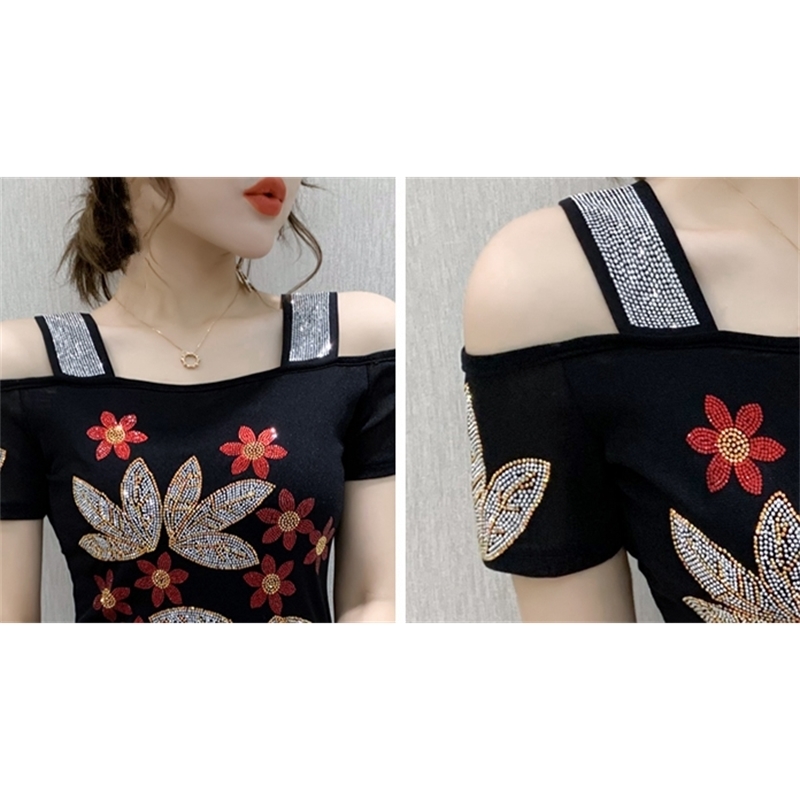 Summer Fashion European Clothes T-shirt Sexy Off Shoulder Diamonds Mesh Women Tops Ropa Mujer All Match Tees New T06625 210306