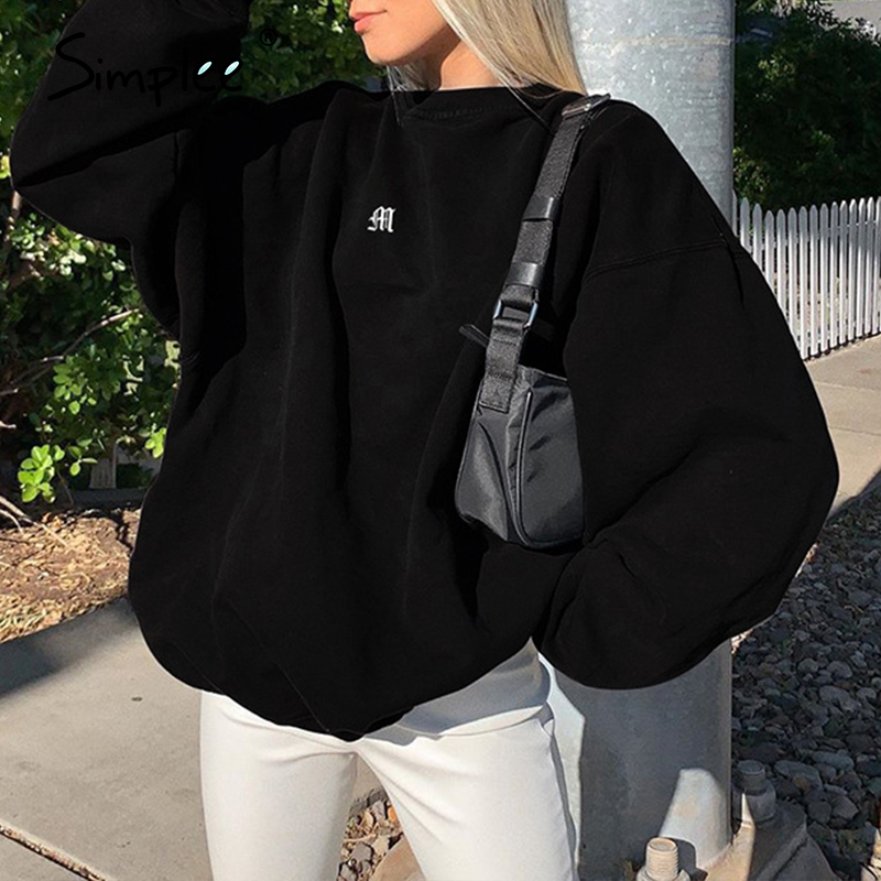 Casual oversize Sweatshirt women Long sleeve Letter embroidery Loose Pullover sweatshirt black pink kpop sweatshirt LJ201130
