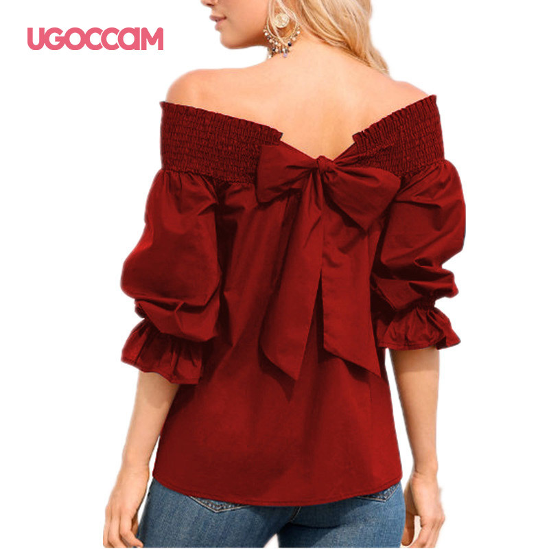 UGOCCAM Women Off Shoulder T-shirt Lantern Sleeve Ruffles Sexy Summer White T-shirt Casual Plus Size Top Women blusas de mujer 210306
