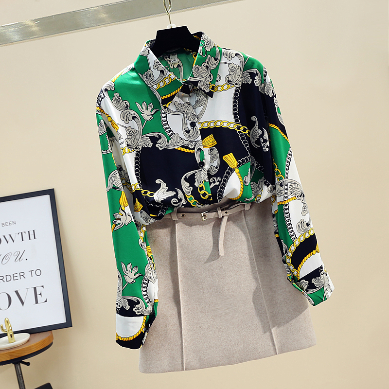 Spring Autumn Women's Print Blouse Fashion Loose Large Size Retro Chain Print Blouse Long Sleeve Chiffon shirt Women's GD232 210225