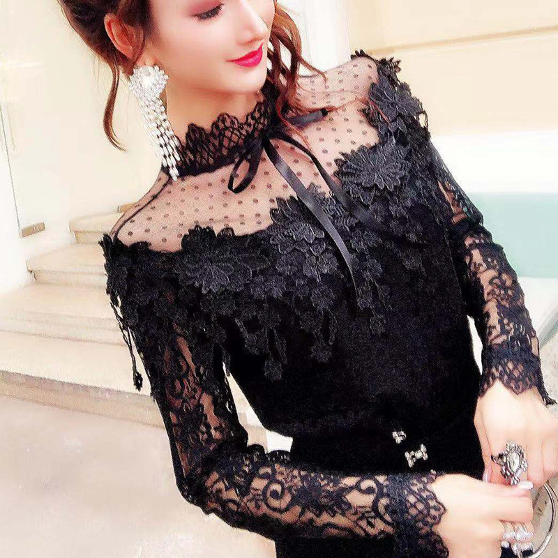 Spring Women Long Sleeve Shirt Sweet Tie Bow Floral Lace Blouse Female Hollow Out Tassel Mesh Blouses Blusas Short Tops AB1313 210225