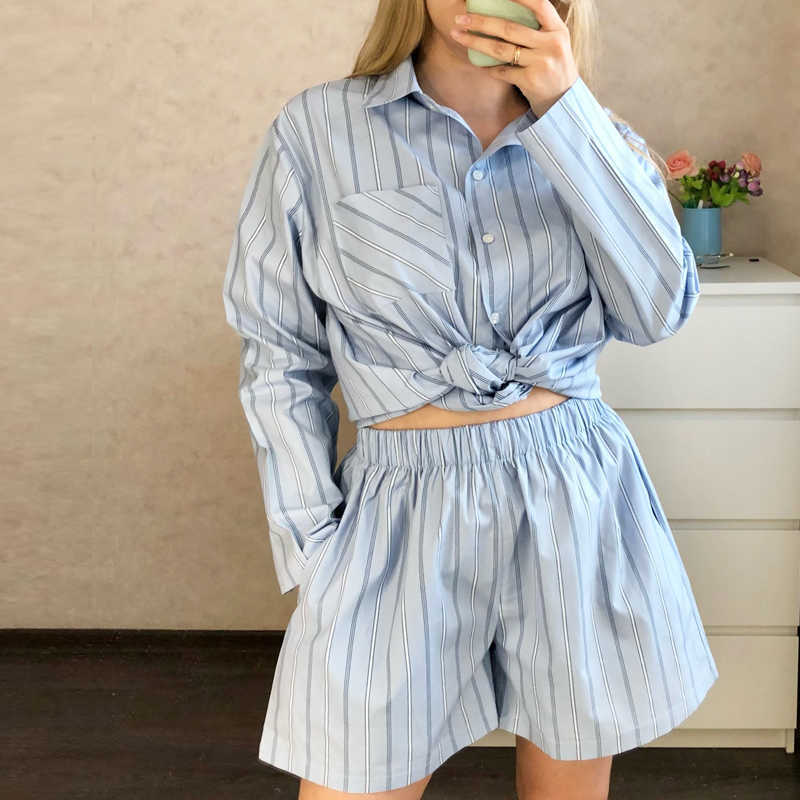 Toppies Casual Striped Tracksuits Woman Shorts Set Oversize Shirt High Waist Shorts Two Piece Set Female Clothes 210924