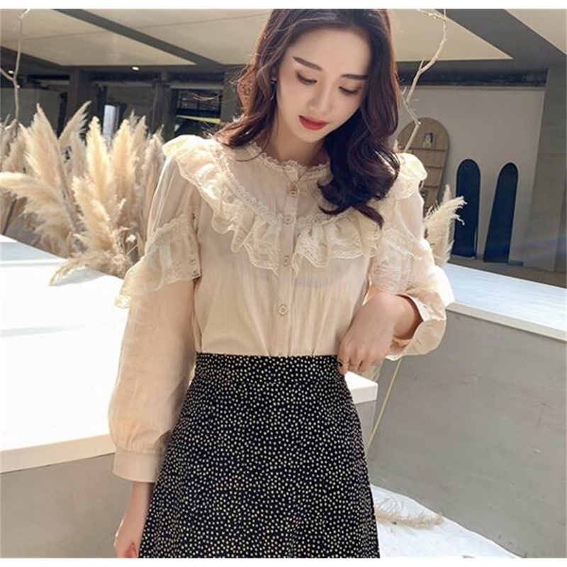 Spring Korean Loose Lace Chiffon Solid Womens Tops and Blouses Ladies Button Stand Tops for Women Shirts Blusas Femininas 8049 210225