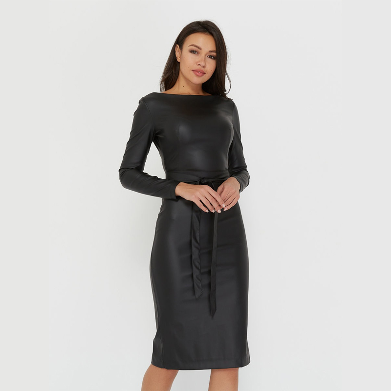 Pu Leather Sexy Bodycon Dress Sashes Sheath Slim Long Sleeve Winter Bandage Dress Elegant New Fashion Party Night Club 220310
