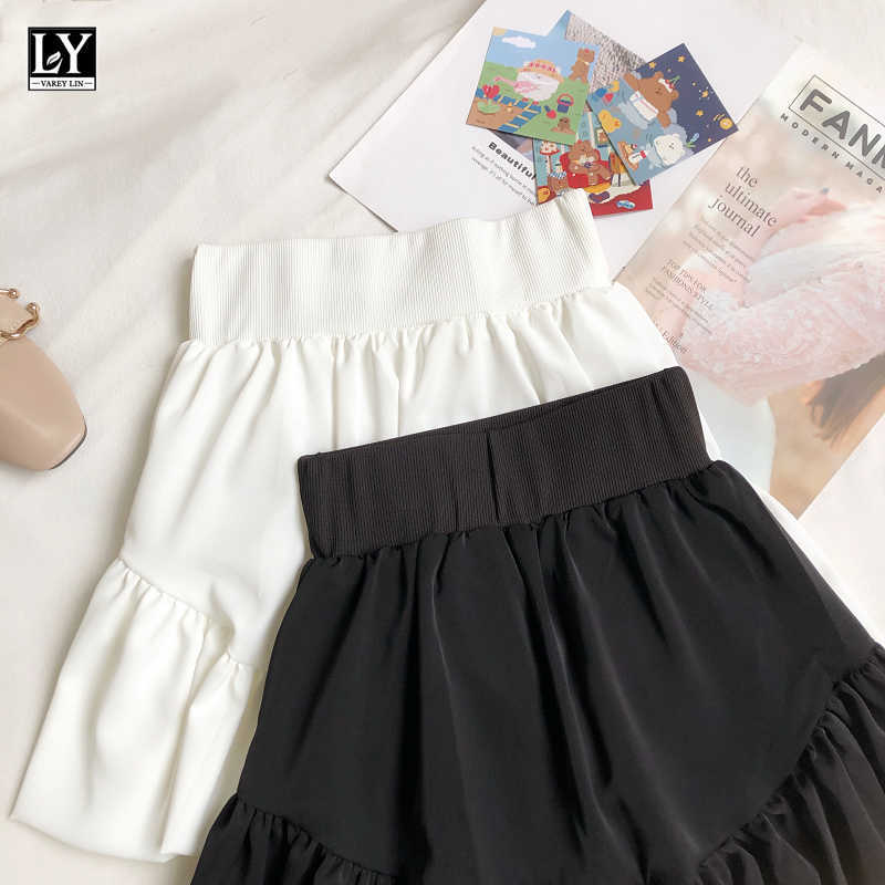 LY VAREY LIN Summer Sweet Female Solid Color White A-line Bubble Skirts Women Casual High Waist Irregular Fold Mini 210526